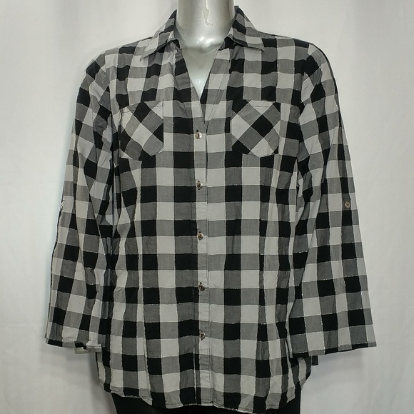 Cato Tops - Cato Gray Checkered Plaid Cotton Button Shirt, 18W